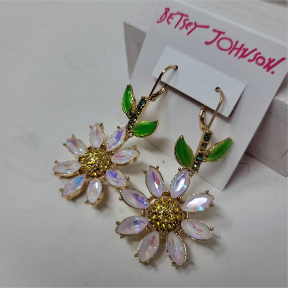 Betsey Johnson Rhinestone Flower Earrings Pierced Levier Backs - Picture 2 of 8